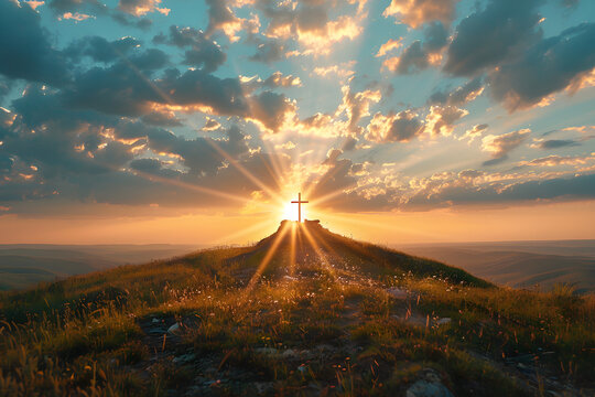 The image shows the cross of God in the rays of the sun on a hill, representing a religious concept.