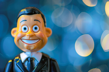 Plastic doll politician or business man, with an creepy grin and blank stare