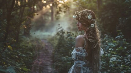 An ethereal beauty shoot in a misty forest at twilight. The subject wears a diaphanous gown, with makeup 