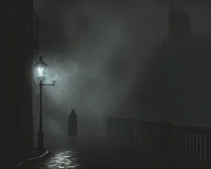 A shadowy figure standing at the end of a foggy deserted street at night - obrazy, fototapety, plakaty
