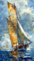 watercolor painting of a classic and vintage wooden boat in bay under a blue cloudy sky. AI generative