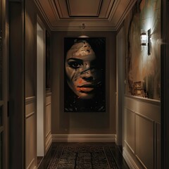 An eerie portrait hanging in a hallway that seems to watch and follow you with its eyes