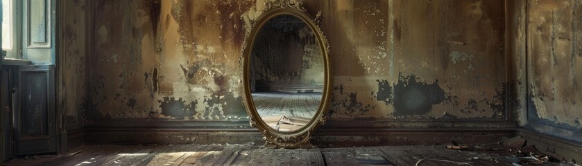 An antique mirror that reveals a desolate alternate version of the room it reflects