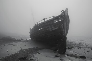 A derelict shipwreck on a foggy beach where the sound of a distant bell can be heard at midnight - obrazy, fototapety, plakaty