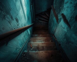A decrepit staircase leading down to a dark unknown basement