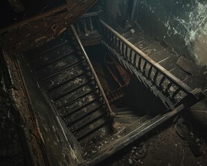 Fototapeta na wymiar A decrepit staircase leading down to a dark unknown basement