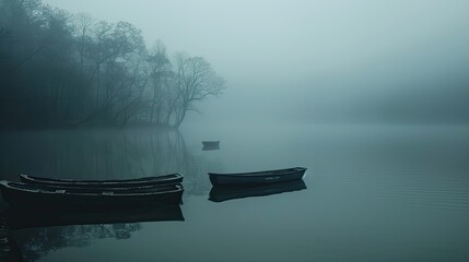 A gloomy lake shrouded in mist where phantom boats are said to sail at night - obrazy, fototapety, plakaty