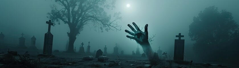 A hand emerging from a grave in a moonlit cemetery with eerie fog creeping along the ground - obrazy, fototapety, plakaty