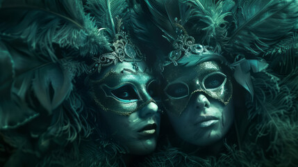 Two people are wearing masks, surrounded by feathers, in a style characterized by dark turquoise and dark gold, embodying timeless beauty.