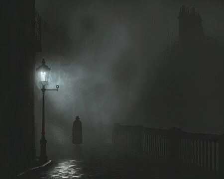 A shadowy figure standing at the end of a foggy deserted street at night