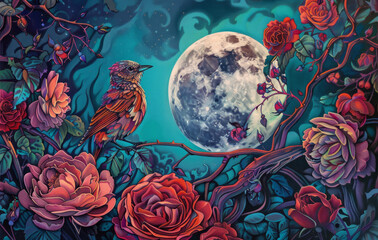 Bird art, a moon flower, and rose art, in a psychedelic landscapes style.
