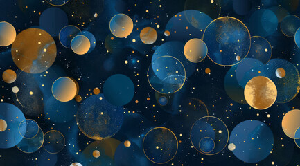A colorful background with circles of blue and gold in space, in a style that is dark sky-blue and dark gold, with rough clusters.