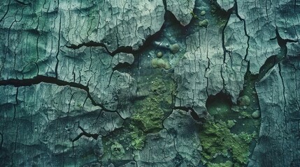 A close-up of wood, bark, and lichen, in a dark gray and emerald style. - obrazy, fototapety, plakaty