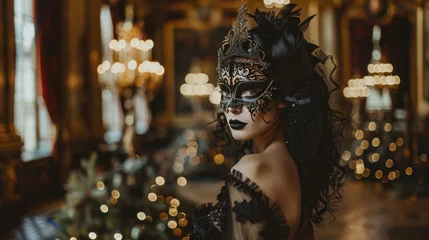 Gordijnen An opulent, masquerade ball fashion photoshoot in a grand, candlelit hall. The model wears a dramatic  © Alex
