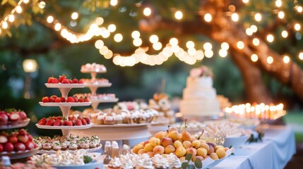 An outdoor summer wedding reception under a canopy of twinkling lights, where a dessert table 