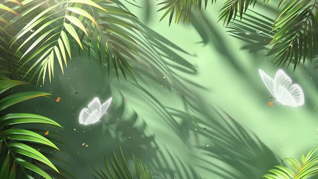 leaves and its shadow on green wall. summer background with copy space. seamless looping overlay 4k virtual video animation background