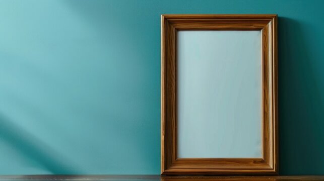 There is a wooden photo frame placed on a table against a blue wall.