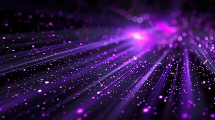 Abstract purple light rays on black background with lighting effect and bokeh.