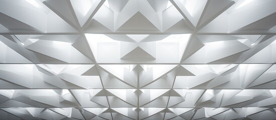 A closeup shot of a grey ceiling with a geometric pattern of triangles, creating a symmetrical and intricate design. The tints and shades give it a dynamic look
