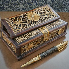 old wooden box.a beautifully engraved wooden pen accompanied by a matching wooden box, featuring intricate floral motifs or personalized initials, exuding craftsmanship and elegance, perfect as a corp - obrazy, fototapety, plakaty