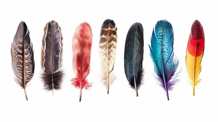 nine feathers isolated on white background
