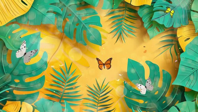 summer tropical leaf paper cut style on yellow background. seamless looping overlay 4k virtual video animation background