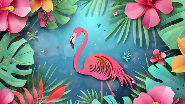 summer sale banner with paper cut flamingo and tropical. seamless looping overlay 4k virtual video animation background