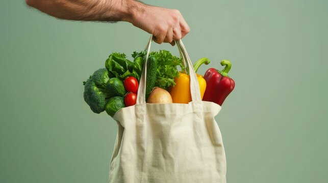 man hand holding cotton glocery bag with vegetables
