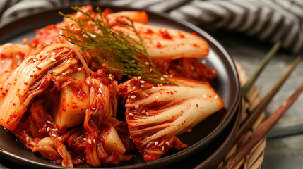 Kimchi cabbage ready to eating, with bowl black. Generative Ai