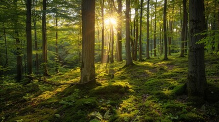 Sun shines through light spruce forest, soil overgrown with moss and fern, mountain range Deister, - obrazy, fototapety, plakaty