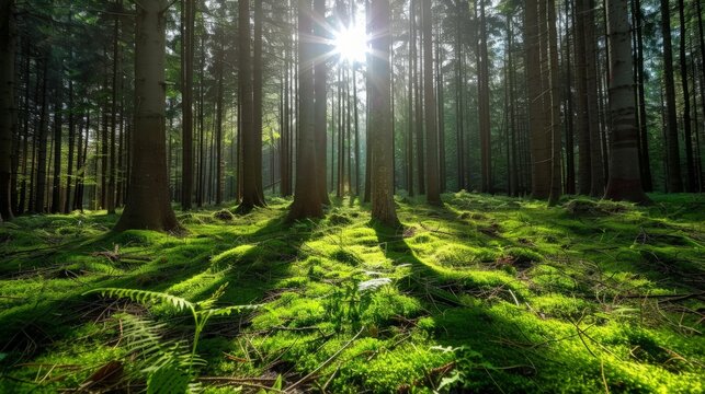 Sun shines through light spruce forest, soil overgrown with moss and fern, mountain range Deister,