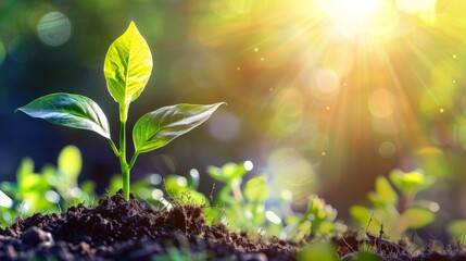 Young green plant growing at sunlight in the garden. World Earth Day banner. - obrazy, fototapety, plakaty