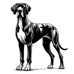 Full-length Great Dane dog standing. Hand Drawn Pen and Ink. Vector Isolated in White. Engraving vintage style illustration for print, tattoo, t-shirt