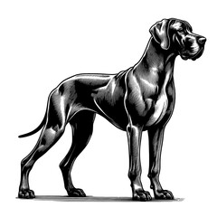 Full-length Great Dane dog standing. Hand Drawn Pen and Ink. Vector Isolated in White. Engraving vintage style illustration for print, tattoo, t-shirt