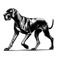 Full-length Great Dane dog walking. Hand Drawn Pen and Ink. Vector Isolated in White. Engraving vintage style illustration for print, tattoo, t-shirt