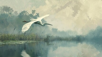 A solitary egret flying over the wetlands, its graceful form reflected in the still waters below. - obrazy, fototapety, plakaty