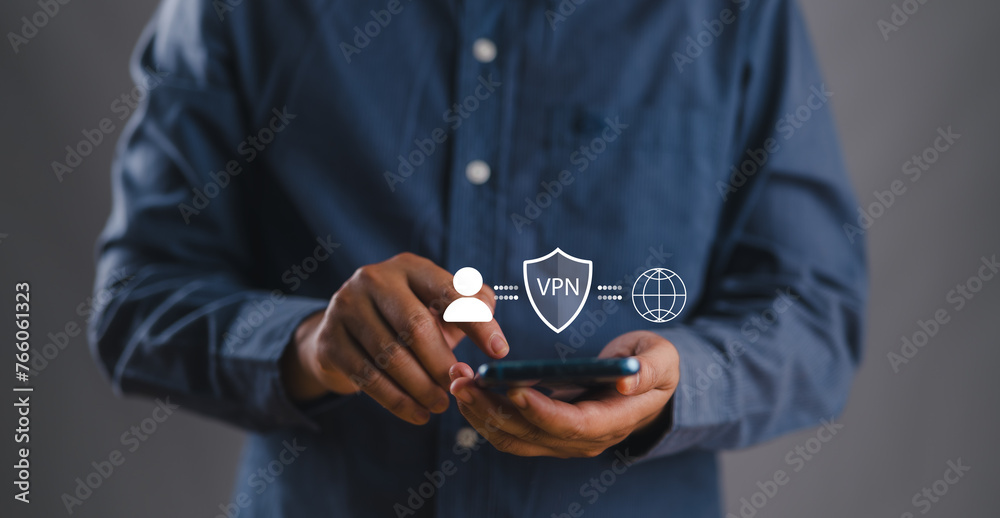 Poster VPN, Virtual private network protocol concept. Person using smartphone with VPN icon on virtual screen for connect to VPN network..