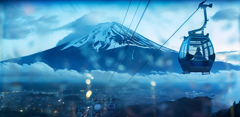 A cable car is suspended above a mountain and a city. The sky is cloudy and the mountain is covered in snow