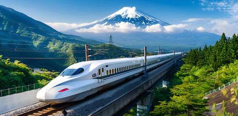 A train is traveling across a bridge with mountains in the background. The train is long and very modern. and moves very fast