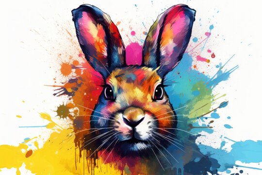 Colorful rabbit portrait, creative watercolor illustration with splashes of bright colors. 