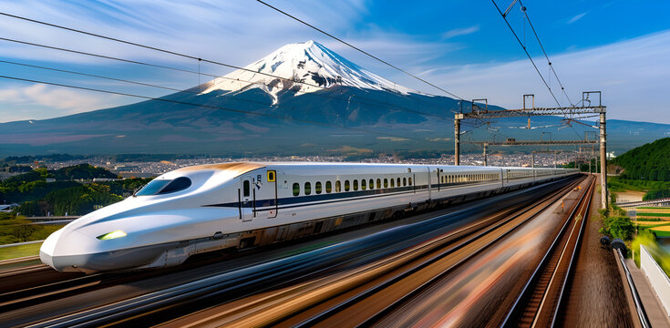 A train is traveling down a track next to a mountain. The train is very long and has a sleek design. The mountain in the background is covered in snow and he is very tall. Concept of speed and power