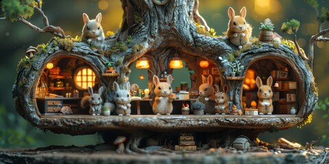 Obraz premium A cute, miniature 3D scene showing a group of friendly, woodland creatures (squirrels, rabbits, and hedgehogs) diligently working together in a whimsical, tree-housed office