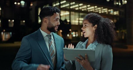 Business people, meeting and tablet with high five for success, schedule and urban planning at night for architecture deadline. Architect team, agreement or support with online project management