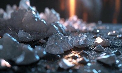 Salt crystals on a dark surface, close-up photography ,hyperdetailed, 