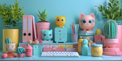 Obraz premium A whimsical 3D scene featuring a team of adorable, anthropomorphic office supplies (pencils, erasers, and paperclips) collaborating on a miniature, pastel-colored desktop