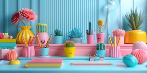 A whimsical 3D scene featuring a team of adorable, anthropomorphic office supplies (pencils, erasers, and paperclips) collaborating on a miniature, pastel-colored desktop - obrazy, fototapety, plakaty