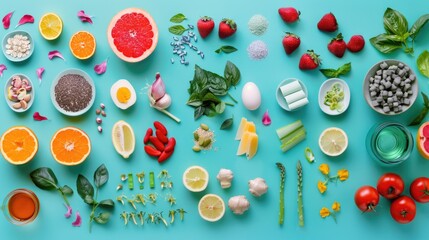 A top-down view captures a colorful variety of fresh, plant-based foods neatly organized against a teal backdrop, epitomizing health and vibrancy