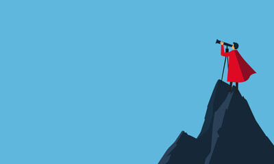 A businessman full of determination. Standing on the top of a towering mountain Looking through a telescope at the scenery conveys ambition and the desire to succeed in life. Vector illustration.