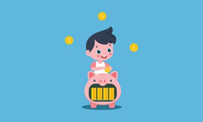 A cute boy is putting coins into a piggy bank with money inside. Concept of saving money for the future. Illustrations vector.