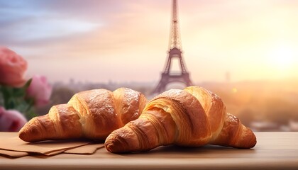 French breakfast with croissants and eiffel tower in paris france